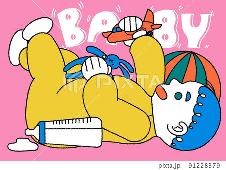 おもちゃで遊ぶかわいい赤ちゃんのレトロなイラスト 91228379