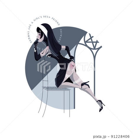Seductive nun in stockings, high heels and corset flirting with the viewer. Sinful nun isolated vector illustration. Demons are a girl's best friend. 91228406