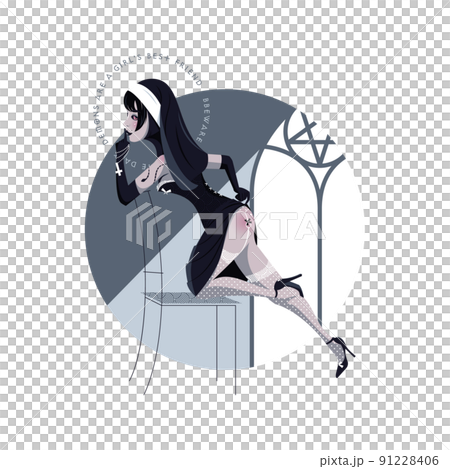 Seductive nun in stockings, high heels and corset flirting with the viewer. Sinful nun isolated vector illustration. Demons are a girl's best friend. 91228406