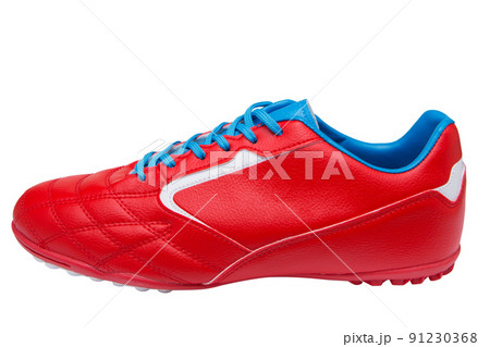red football boots with blue laces, on a white background red football boots with blue laces, on a white background 91230368