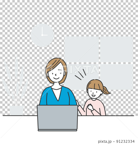A girl talking to her mother doing remote work 91232334