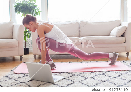 Fitness, home and diet concept. Nice active woman doing workout at home 91233110