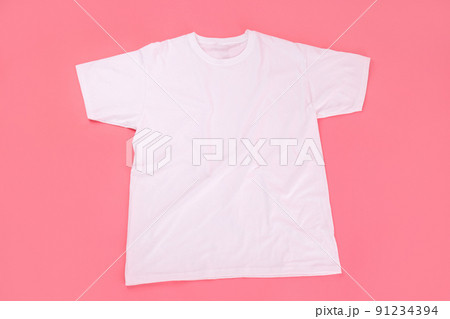 Blank white t-shirt with space for print on pink background Blank white t-shirt with space for print on pink background 91234394