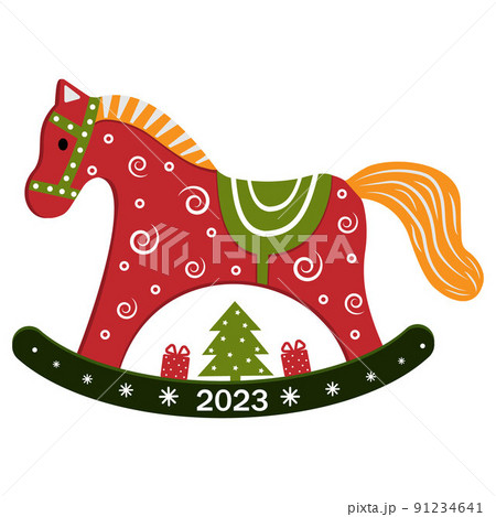 Christmas toy for the Christmas tree rocking horse in vintage style with a symbol of the New Year. Vector illustration isolated on a white background. Christmas toy for the Christmas tree rocking horse in vintage style with a symbol of the New Year. Vector illustration isolated on a white background. 91234641