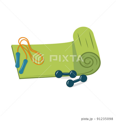 Mat with dumbbells and jump rope for sports fitness and tourism, vector illustration isolated on white background 91235098