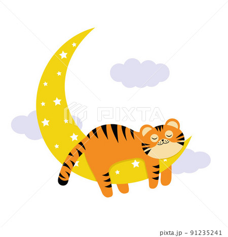 little tiger cub sleeping on the moon, color isolated vector illustration in cartoon style little tiger cub sleeping on the moon, color isolated vector illustration in cartoon style 91235241