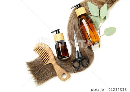 Concept of hair care on white table Concept of hair care on white table 91235338