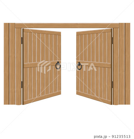 Old wooden massive open gates, vector illustration. Double door with iron handles and hinges 91235513