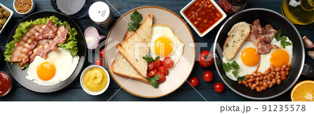 Concept of tasty breakfast on wooden background Concept of tasty breakfast on wooden background 91235578