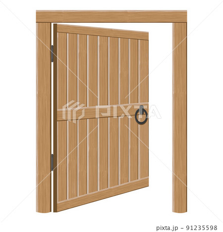 Old wooden massive open gates, vector illustration. Single door with iron handles and hinges 91235598