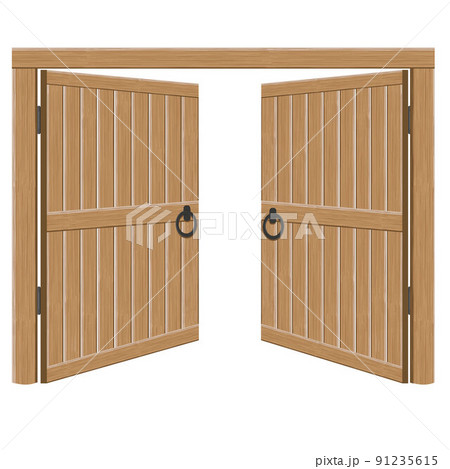 Old wooden massive open gates, vector illustration. Double door with iron handles and hinges 91235615