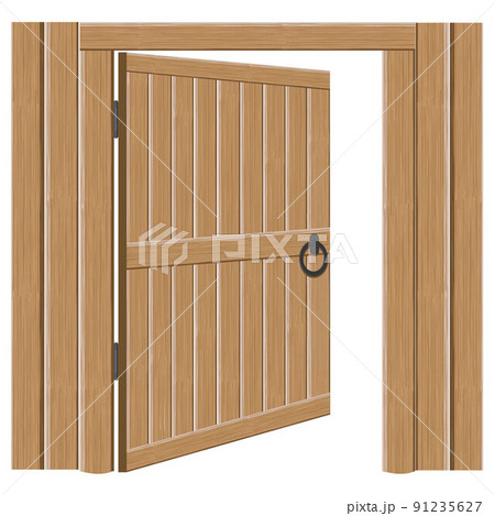 Old wooden massive open gates, vector illustration. Single door with iron handles and hinges 91235627