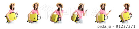 Set of woman with luggage bag isolated on white background 91237271
