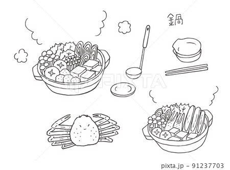 鍋物とカニの手描きイラストセット（モノクロ） 91237703