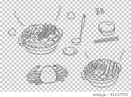 鍋物とカニの手描きイラストセット（モノクロ） 91237703