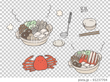 鍋物とカニの手描きイラストセット（カラー） 91237704