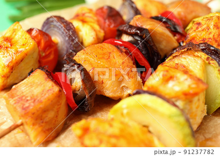 Tasty chicken shashlik, close up and selective focus 91237782
