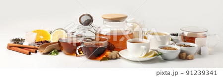 Concept of hot drink with tea on white background Concept of hot drink with tea on white background 91239341
