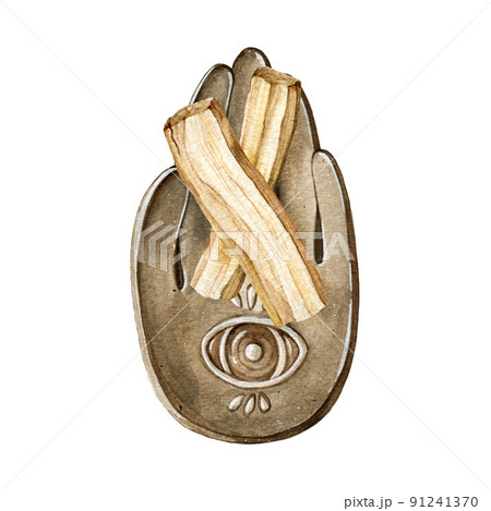 Ceramic hand incense holder with palo santo sticks. Watercolor illustration. Ceramic incense burner for burning palo santo sticks aromatherapy. Hand crafted holder boho style with decoration 91241370