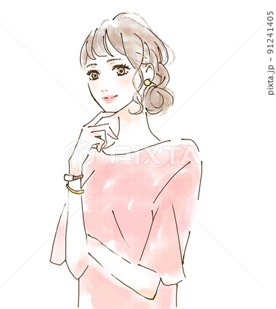 考える女性のイラスト　水彩風　笑顔　ライフスタイル 91241405