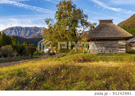秋の風景＿大山と茅葺屋根の小屋 91242991