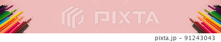 banner two group of multicolored watercolor pencils on pink background banner two group of multicolored watercolor pencils on pink background 91243043