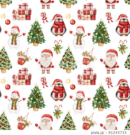 Watercolor Christmas pattern with Santa Claus, snowman, penguin and other christmas elements isolated on white background. Watercolor Christmas pattern with Santa Claus, snowman, penguin and other christmas elements isolated on white background. 91243733
