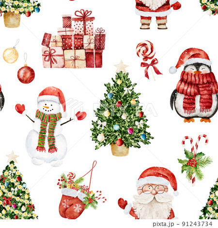 Watercolor Christmas pattern with Santa Claus, snowman, penguin and other christmas elements isolated on white background. Watercolor Christmas pattern with Santa Claus, snowman, penguin and other christmas elements isolated on white background. 91243734