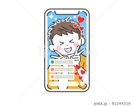 スマートフォンで見る、ライブ配信をする男性のイラスト 91244316