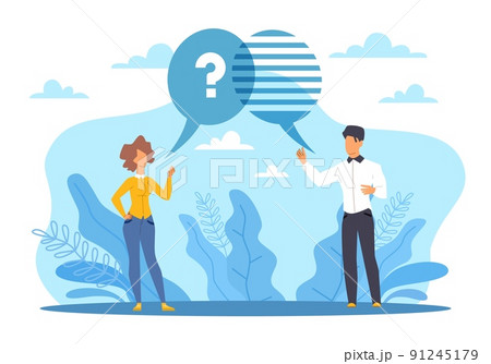 Dialogue and communication. Speech bubble with question, problem explanation, man and woman discussion. Information customer support, consultation, vector cartoon flat faq concept 91245179