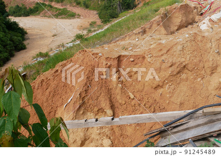 Erosion on the ground and slopes is caused by rainwater. The soil structure becomes weak and there is a landslide. Safety measure has been taken in some area. 91245489