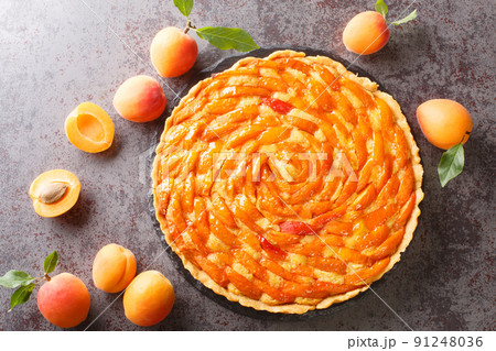 French classic dessert apricot tart with almond cream close-up on a slate board on the table. horizontal top view 91248036