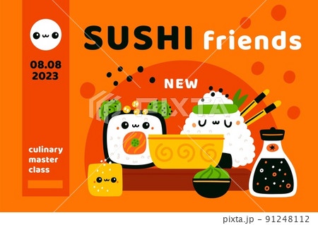 Cute sushi rolls poster. Kawaii cartoon Japanese food characters. Comic onigiri and tofu. Seafood with rice. Culinary master class. Wasabi and soy sauce composition. Garish vector concept 91248112