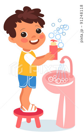 Cute cartoon boy showing hand soap and bubbles 91248118