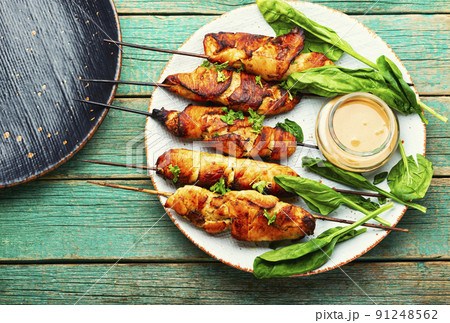 Chicken breast skewers, chicken satay Chicken breast skewers, chicken satay 91248562
