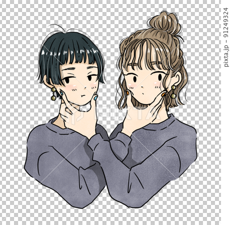 リンクコーデでポーズをする女の子・ファッションイラスト 91249324