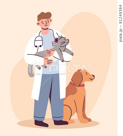 Veterinarian with pet. People takes care of animals. Doctor helps kitten and puppy in vet hospital. Nurse character with cat and dog. Visit in veterinary clinic. Vector cartoon design 91249364