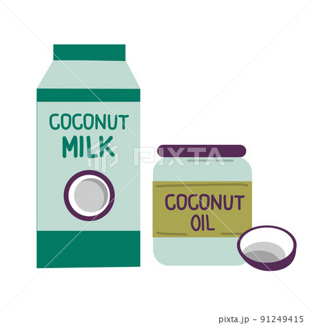 Vegans and organic food. Coconut milk and oil. Cartoon vegetarians with natural eco meal. Eating products from tropical nut. Healthy lifestyle. Vector diet nutrition ingredients set Vegans and organic food. Coconut milk and oil. Cartoon vegetarians with natural eco meal. Eating products from tropical nut. Healthy lifestyle. Vector diet nutrition ingredients set 91249415