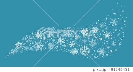 Snow flake wind. Winter frozen elements with star swirl, ice crystal wave and white blizzard, cold season decorative element, christmas ornament, vector frame, banner on blue background 91249451