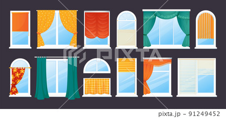 Blind window curtains. Home roller blade with shades and jalousie, venetian and roman treatment for house, various different drapery textile in interior, decor collection. Vector illustration 91249452