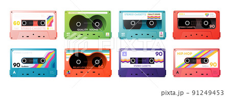 Music cassette stickers. Retro hipster audio tape with mix of modern rock elements, 90s mixtape. Bright colorful isolated trendy design elements. Disco and rock vintage. Vector doodle collection 91249453