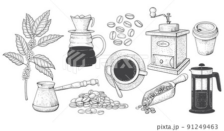 Hand drawn coffee. Vintage hot cup, chocolate with sugar, sketch milk drink, retro equipment for cafeteria menu. Grinder and geyser, french press and cezve, beans and leaves. Vector doodle icons 91249463