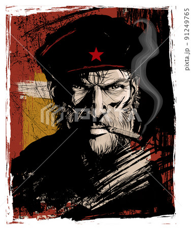 Close up portrait of serious middle aged cuban revolutionary man with cigar 91249765