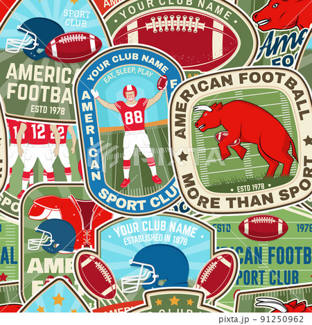 American football or rugby club seamless pattern. Vector illustration. Wallpaper, background with with bull, american football sportsman player, helmet, ball and shoulder pads. American football or rugby club seamless pattern. Vector illustration. Wallpaper, background with with bull, american football sportsman player, helmet, ball and shoulder pads. 91250962