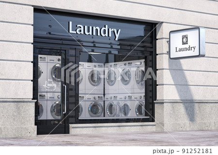 Laundry building exterior with washing machines inside it. Laundry building exterior with washing machines inside it. 91252181