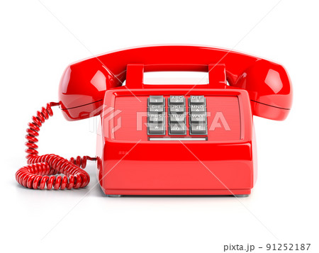 Red telephone. Front view of vintage retro push button telephone isolated on white. 91252187