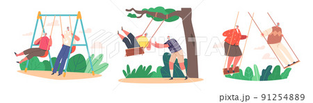 Set of Funny Senior Characters Swing, Old Man and Woman Having Outdoors Fun Swinging on Seesaw. Carefree Elderly Couple 91254889