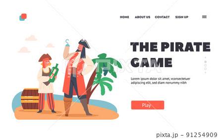 Pirate Game Landing Page Template. Children Captain Hook and Sailor Playing on Secret Island, Funny Kids Picaroons 91254909