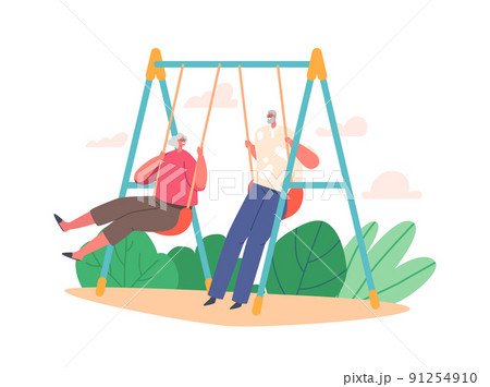 Old Man and Woman Sitting on Swing, Elderly Couple Male and Female Characters Having Fun on Flip-Flap. Grandparents Fun 91254910