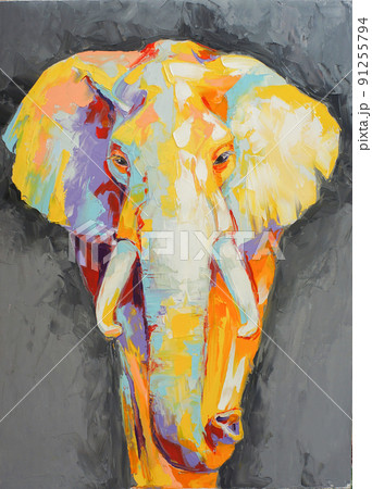 Oil elephant portrait painting in multicolored tones. Conceptual abstract painting of a elephant on the black background on canvas.  91255794